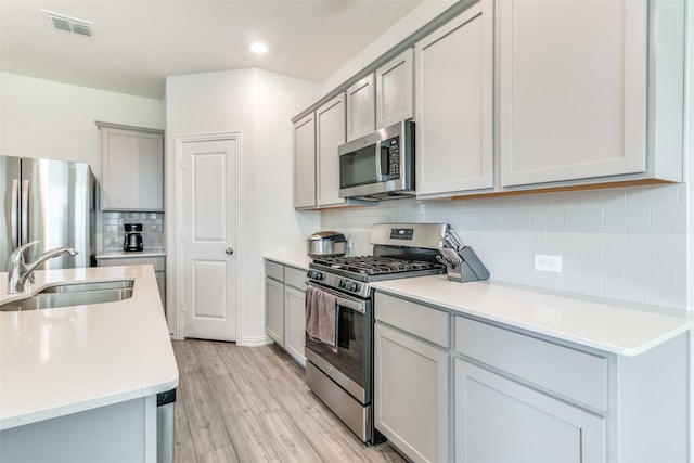 kitchen with light wood-type flooring, gray cabinets, stainless steel appliances, and tasteful backsplash