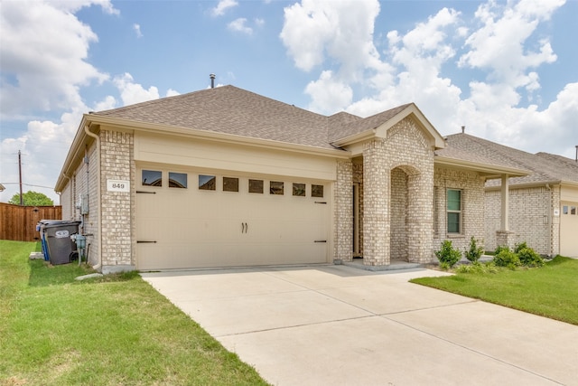 view of front of property with a front lawn and a garage