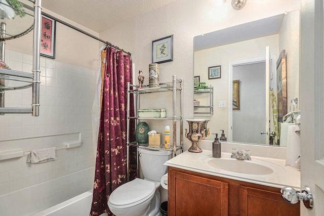 full bathroom with toilet, a textured ceiling, vanity, and shower / tub combo