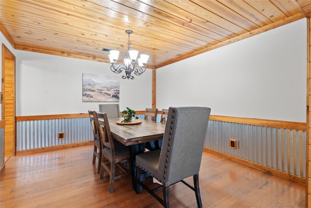 dining room featuring light wood-type flooring, wood ceiling, crown molding, and a chandelier