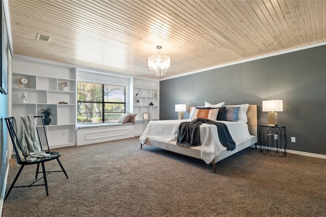 bedroom featuring wood ceiling, carpet, ornamental molding, and a notable chandelier