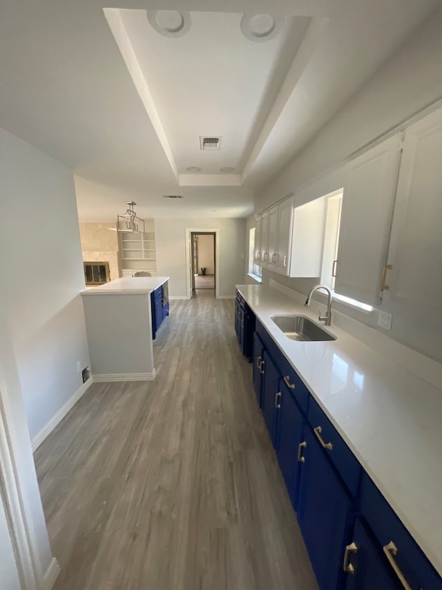 kitchen with blue cabinetry, white cabinets, hardwood / wood-style flooring, sink, and a tray ceiling