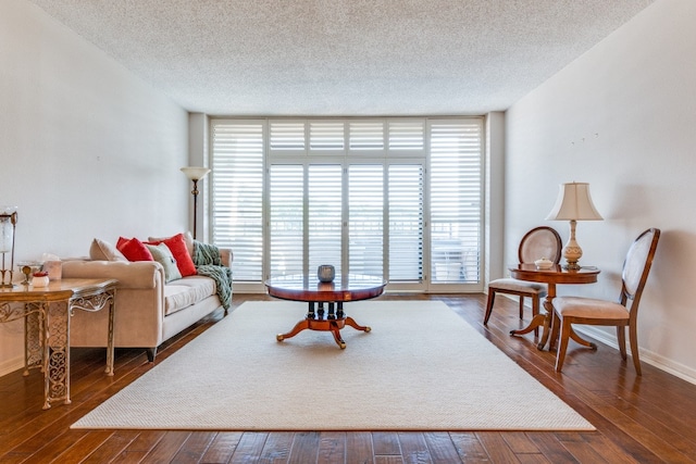 living room featuring dark wood-type flooring and a textured ceiling