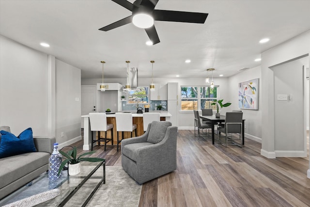 living room featuring ceiling fan and wood-type flooring