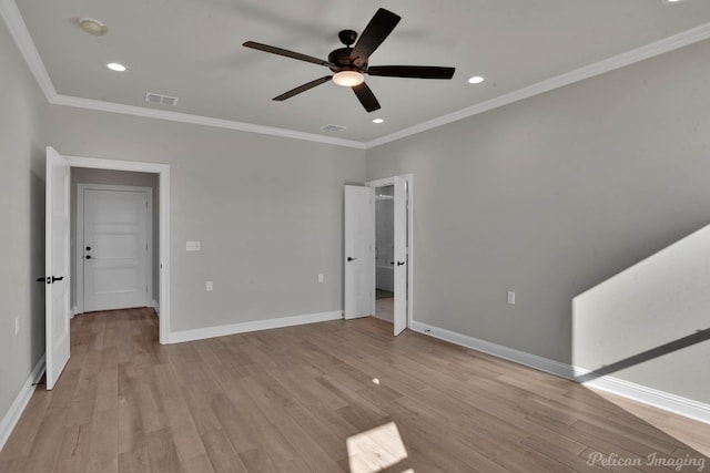 unfurnished bedroom with light wood-type flooring, ceiling fan, and crown molding