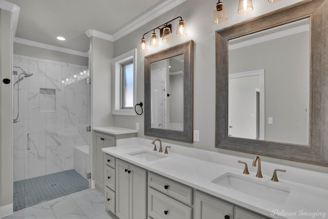 bathroom with vanity, an enclosed shower, and ornamental molding