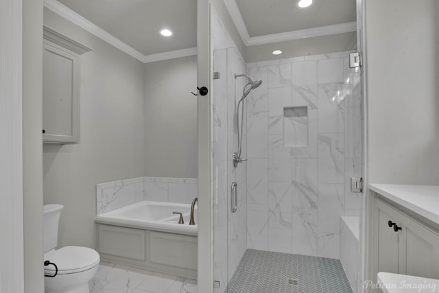 full bathroom featuring vanity, crown molding, plus walk in shower, and toilet