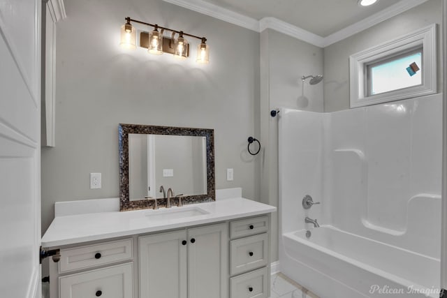 bathroom featuring vanity,  shower combination, and ornamental molding