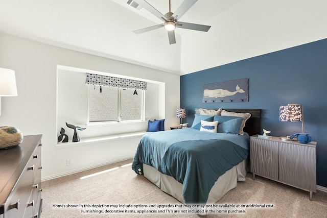 bedroom with light carpet and ceiling fan