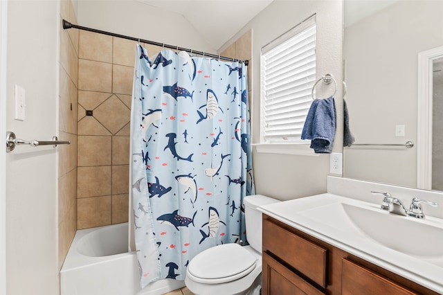 full bathroom with vanity, vaulted ceiling, toilet, and shower / bathtub combination with curtain