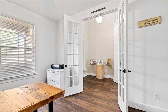 home office featuring french doors and dark hardwood / wood-style floors