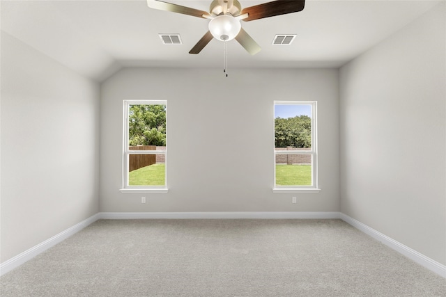 empty room with a wealth of natural light, lofted ceiling, and carpet floors