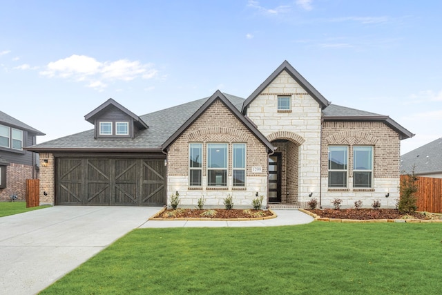 view of front of home with brick siding, a shingled roof, stone siding, driveway, and a front lawn