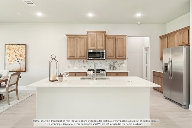 kitchen with light wood-type flooring, decorative backsplash, a kitchen island with sink, sink, and appliances with stainless steel finishes