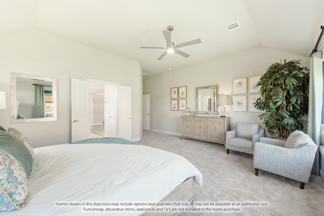 bedroom featuring light carpet, ceiling fan, vaulted ceiling, and connected bathroom