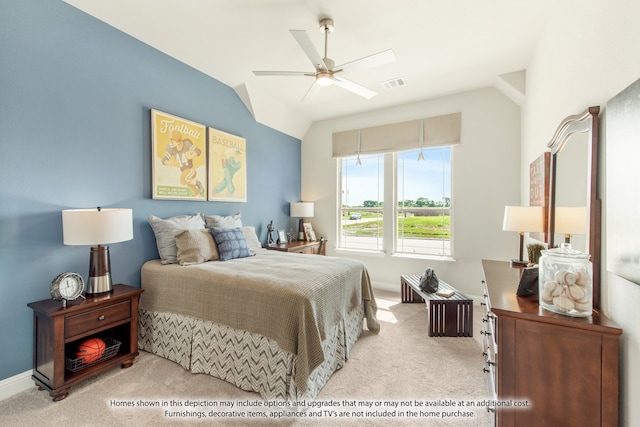 bedroom featuring ceiling fan, light colored carpet, and vaulted ceiling