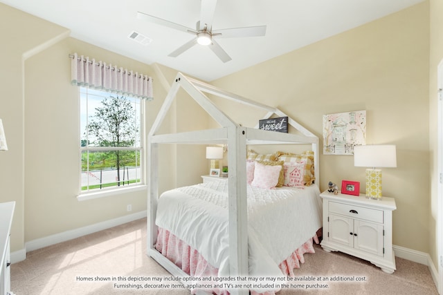 bedroom featuring ceiling fan and light colored carpet