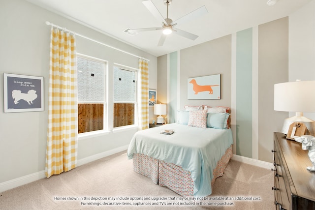 bedroom featuring ceiling fan and light colored carpet