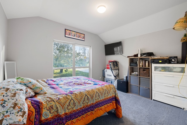 bedroom with carpet floors and vaulted ceiling