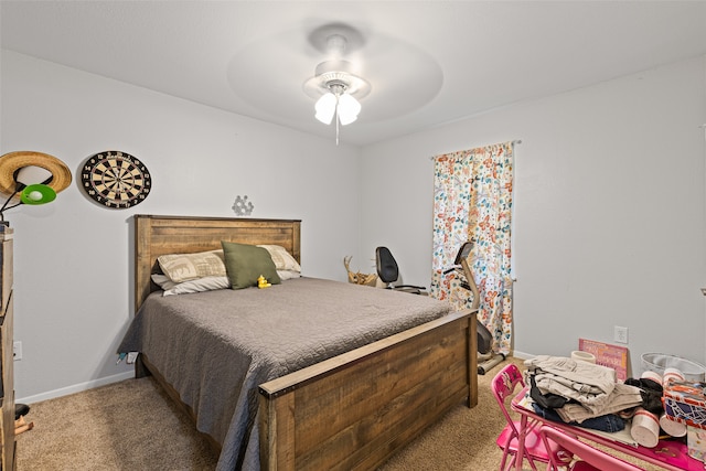 bedroom with light carpet and ceiling fan