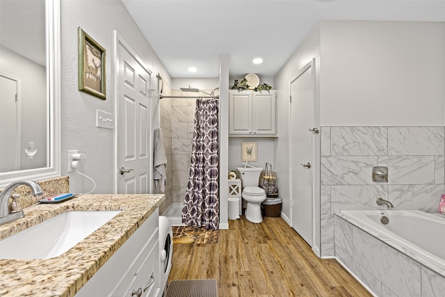 full bathroom with toilet, shower / bath combo with shower curtain, vanity, and wood-type flooring