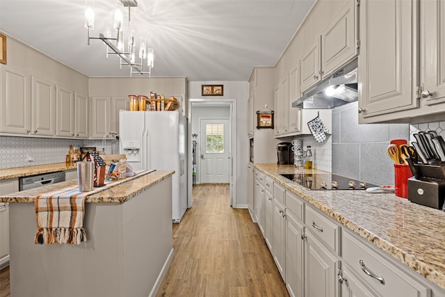 kitchen featuring black electric stovetop, white cabinetry, light hardwood / wood-style flooring, and white fridge with ice dispenser