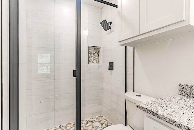 bathroom with vanity, a shower with door, and toilet