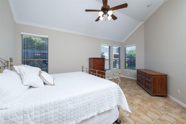 bedroom featuring ceiling fan, lofted ceiling, and ornamental molding