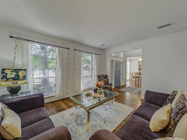 living room featuring wood-type flooring and a textured ceiling