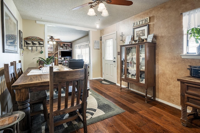 11678 S State Highway 121, Trenton, TX 75490 - dining room featuring a textured wall, ceiling fan, a textured ceiling, baseboards, and dark wood-style floors