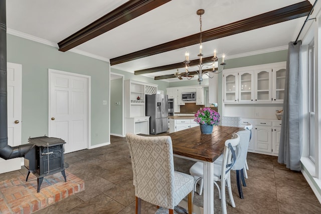 tiled dining room with crown molding, beamed ceiling, and a notable chandelier