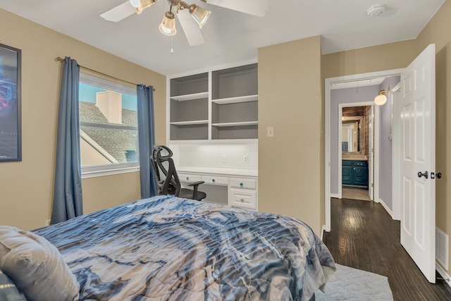 bedroom featuring ceiling fan and dark hardwood / wood-style flooring