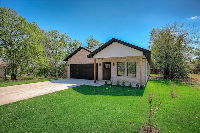 ranch-style home with a front lawn and a garage