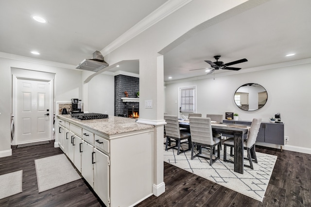 kitchen featuring ceiling fan, dark hardwood / wood-style floors, a fireplace, crown molding, and white cabinetry