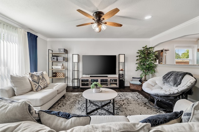 living room featuring ceiling fan, ornamental molding, and dark hardwood / wood-style flooring