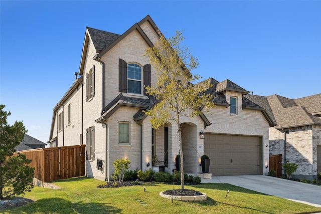 french country home featuring an attached garage, fence, a front lawn, and brick siding