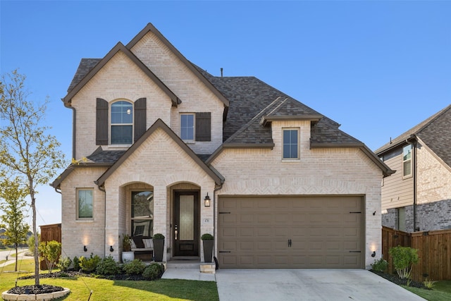 french country inspired facade featuring a garage, brick siding, fence, and driveway