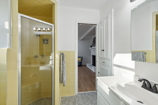 bathroom with hardwood / wood-style flooring, a fireplace, vanity, and walk in shower