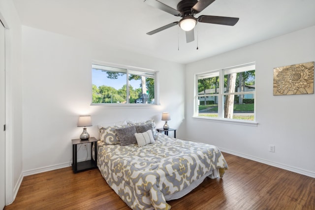 bedroom with dark hardwood / wood-style floors, multiple windows, and ceiling fan