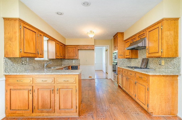 kitchen featuring decorative backsplash, light hardwood / wood-style floors, light stone countertops, and sink