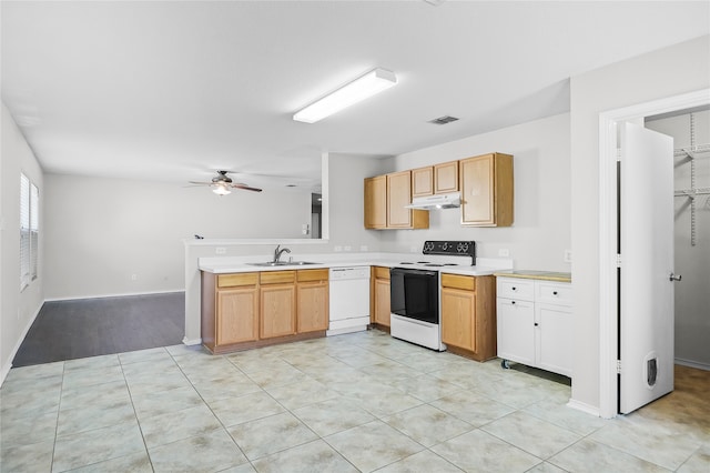 kitchen with ceiling fan, light tile patterned floors, sink, and white appliances