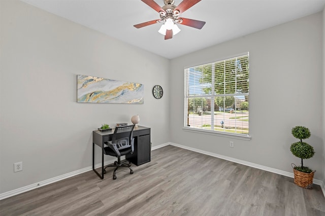 office with hardwood / wood-style flooring and ceiling fan