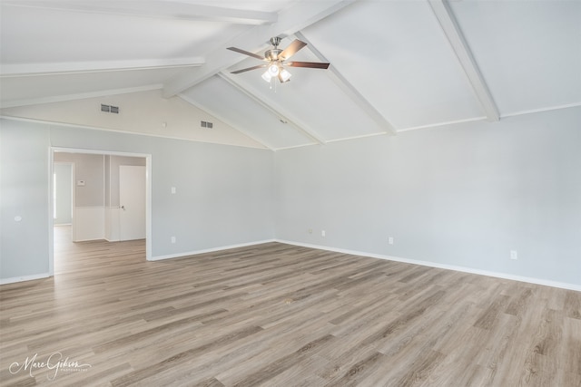 interior space featuring ceiling fan, beamed ceiling, light wood-type flooring, and high vaulted ceiling