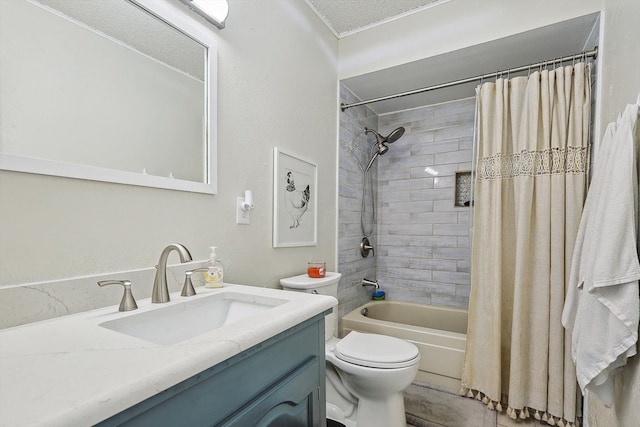 full bathroom with a textured ceiling, vanity, toilet, and shower / bath combo with shower curtain