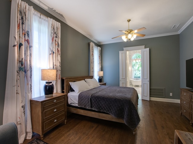 bedroom with dark wood-type flooring, ornamental molding, and ceiling fan