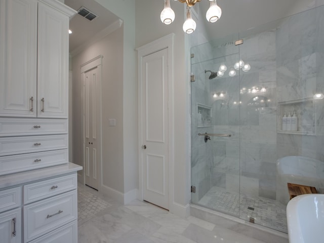 bathroom with an inviting chandelier, shower with separate bathtub, vanity, and ornamental molding