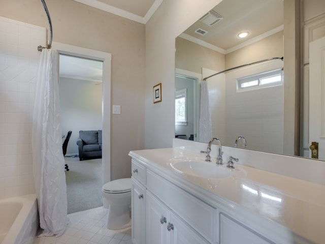 full bathroom featuring vanity, tile patterned flooring, shower / bath combo, ornamental molding, and toilet