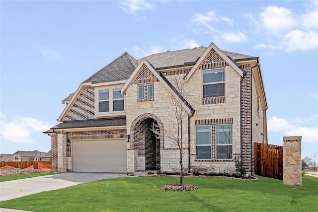 view of front facade featuring stone siding, driveway, a front lawn, and fence