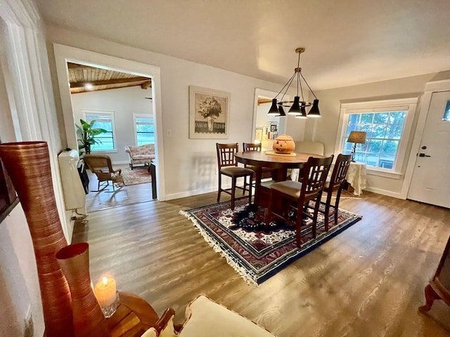 dining room with hardwood / wood-style flooring and vaulted ceiling