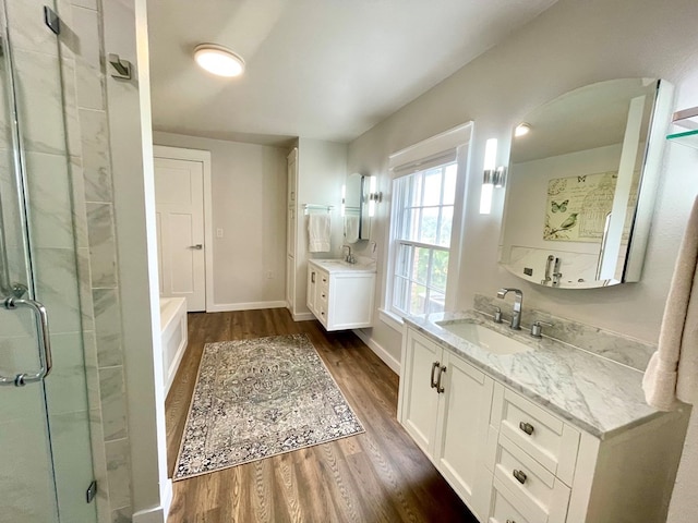 bathroom featuring separate shower and tub, vanity, and wood-type flooring